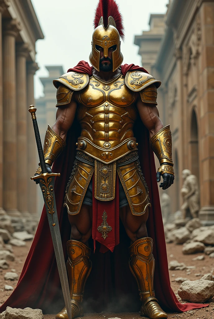 create me a black Spartan from Greek mythology with his sinister golden armor with fury

