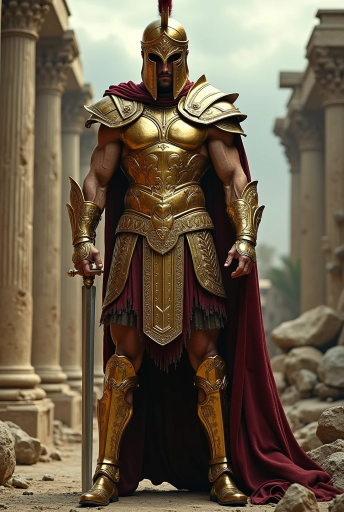 create me a black Spartan from Greek mythology with his sinister golden armor with fury