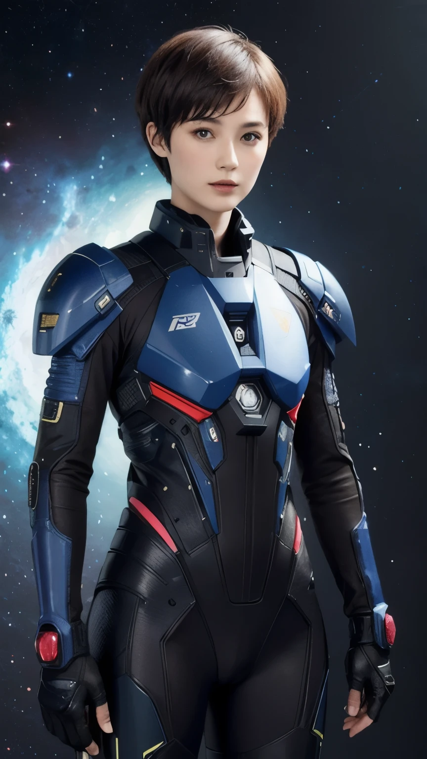 277 (20-year-old woman,short hair), (20-year-old male), Are standing, flower, Futuristic clothing, machinery suit, (The background is a galaxy and nebula)