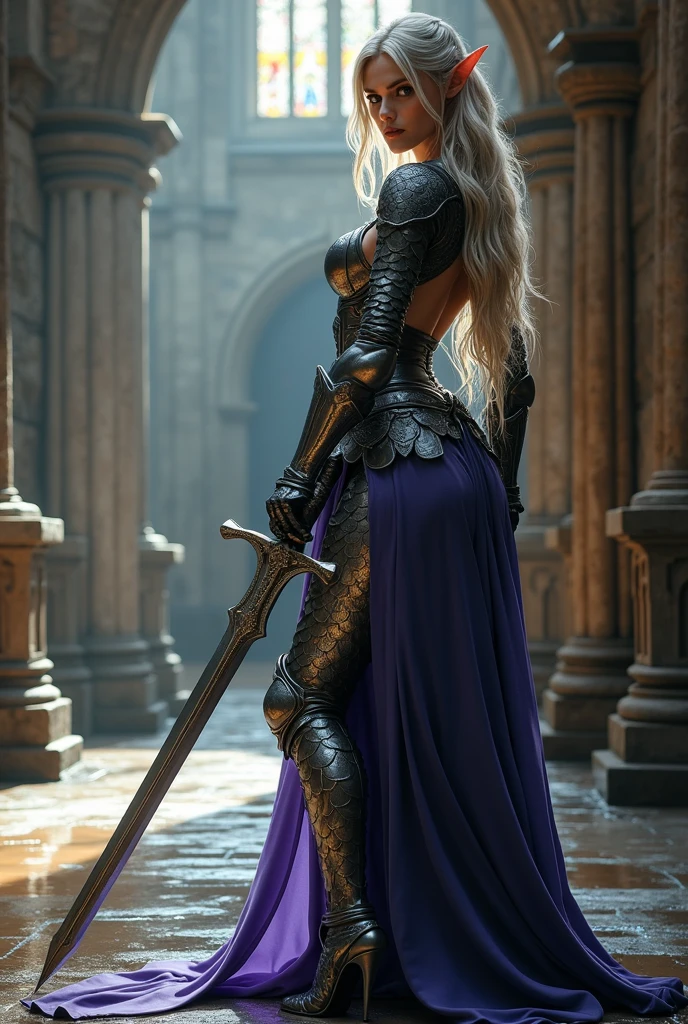 Ash Blonde female elf with violet eyes wearing sexy draconic armor, ((high heel boots)) and one-handed saber, standing in the chapel of a medieval temple. ((Full body)), ((wet floor))