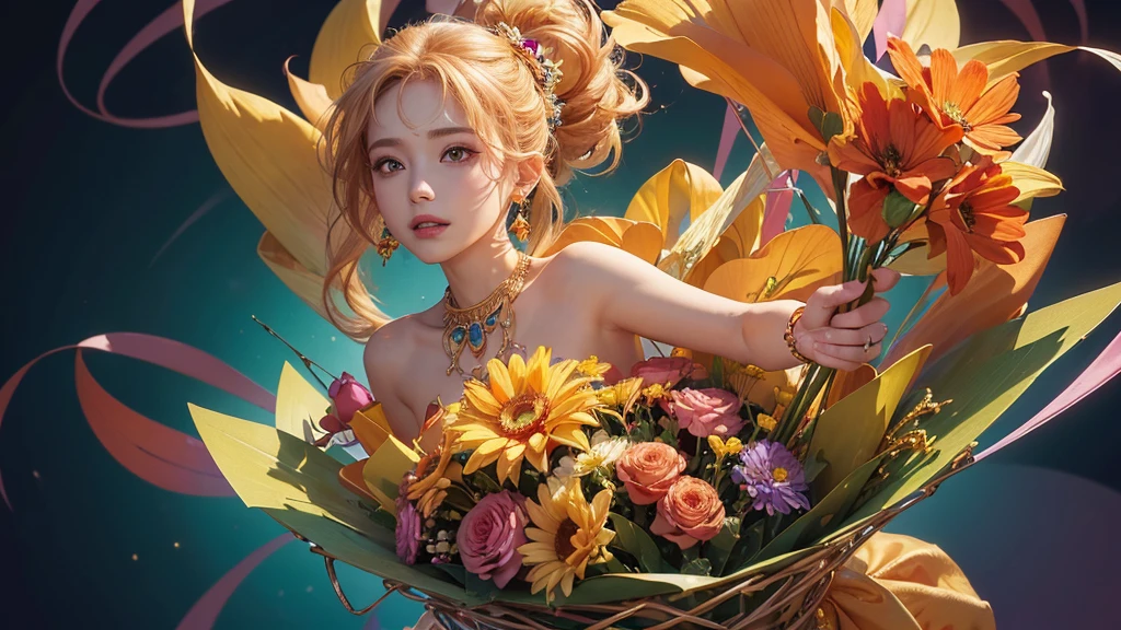 32K, 最高quality, 最高masterpiece, (ultra-Detailed Background, Detailed Background), High resolution, Super detailed, Very detailedな, 1 personの, (bouquet:1.3), (Tangled:1.2), (Geometric:1.2),(colorful),(masterpiece, quality, best quality, Official Art, Beautiful and beautiful:1.2), (1 person:1.3), Very detailed,(colorful:1.1)(Flowers:1.3),Most detailed,(Tangled:1.2), whole body, (Abstract background:1.3), (Skin glows), (Many colors:1.4), ,(Earrings Jewelry:1.5), Pale Orange Background, It's imaginative., Flaxen Hair,