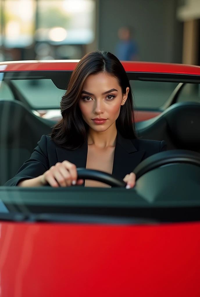 A beautiful girl wearing a suit and driving a Lamborghini 