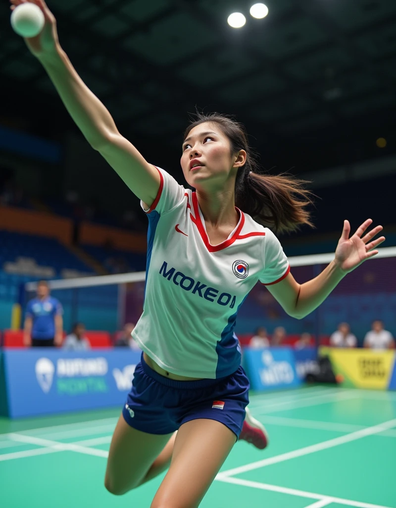 (Photorealism:1.2), beautiful woman, She is playing badminton.. South Korea national team player. Shuttlecock