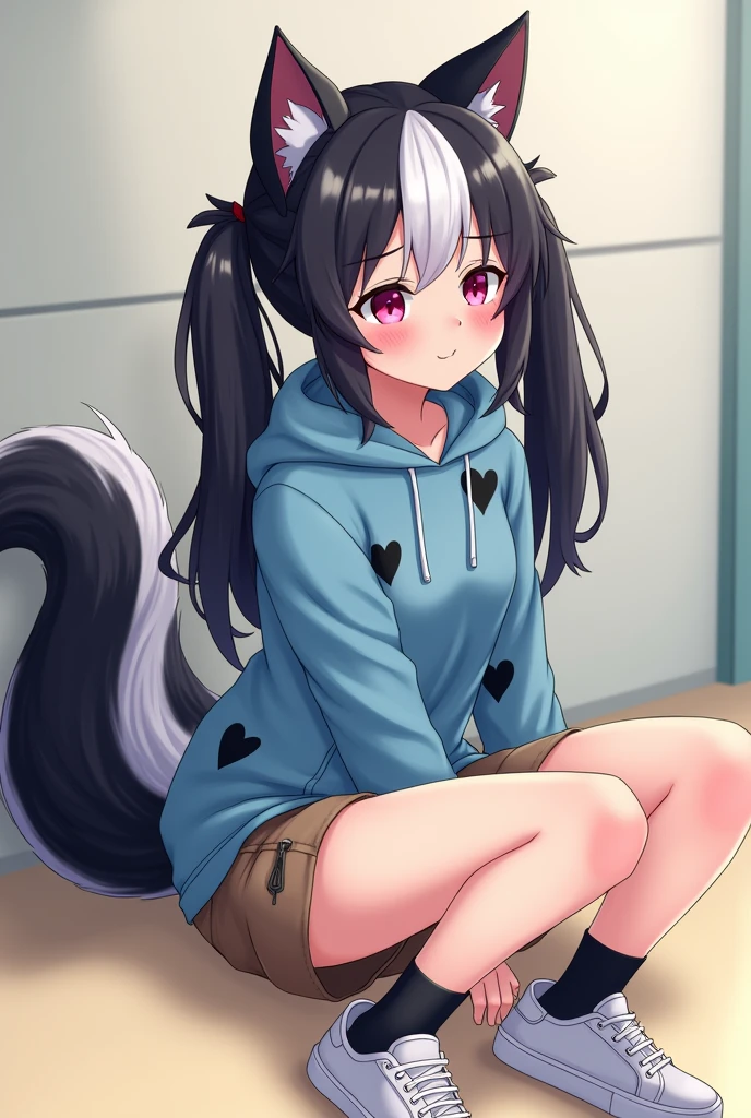 Beautiful 1 skunk girl. Teenager high school. Anime lesbian Skunk girl with ears and tail. Lesbian Skunk girl with ears and tail blushes and cries being in love with cute lesbian girl like you and she wanna tell you She is a futa and you said you like futa girls. High school teenager. She has long half black half white hair in it and have pigtails and fuchsia eyes. She wears a blue hoodie with black hearts on it, brown shorts with shape of small cock inside and white sneakckers and black shocks. She blushes and cries being in love with cute lesbian girl like you and she wanna tell you She is a futa and you said you do like futa girls. 