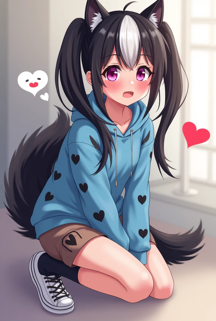 Beautiful 1 skunk girl. Teenager high school. Anime lesbian Skunk girl with ears and tail. Lesbian Skunk girl with ears and tail blushes and cries being in love with cute lesbian girl like you and she wanna tell you She is a futa and you said you like futa girls. High school teenager. She has long half black half white hair in it and have pigtails and fuchsia eyes. She wears a blue hoodie with black hearts on it, brown shorts with shape of small cock inside and white sneakckers and black shocks. She blushes and cries being in love with cute lesbian girl like you and she wanna tell you She is a futa and you said you do like futa girls. 