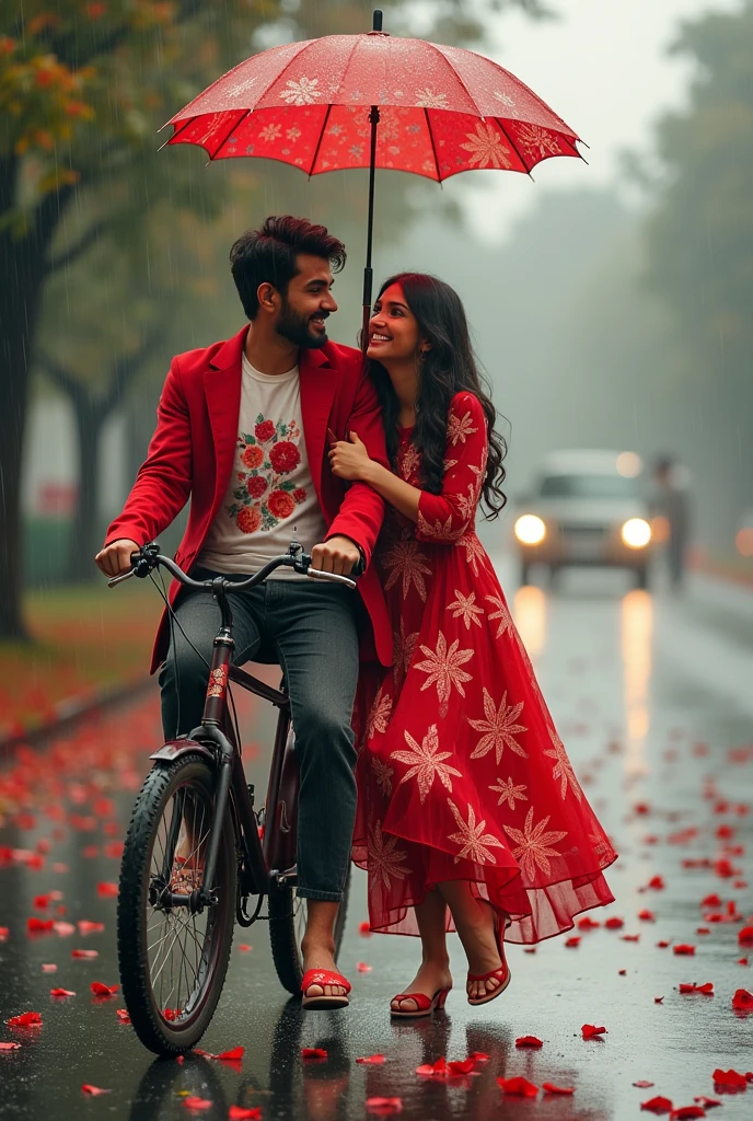 Slowly slowly rain with Ali and waniya enjoy rain with in a traffic and couple are sitting on a bicycle in a road trip and Ali plug in umbrella unique red flowers design and Ali red dress coat and flowers design t shirt and waniya dress color red flowers design frock and Ali shoe's Red flowers design white and waniya shoe's Red flowers design is white and couple smiling faces in prompts generate 