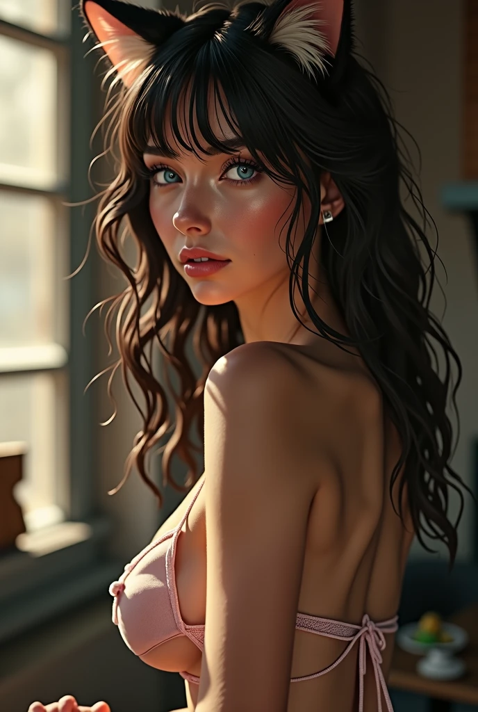 1girl, Breasts, Blush, Cat Ears, Large breasts, Blue eyes, Cowboy Shot, From Behind, From Behind,