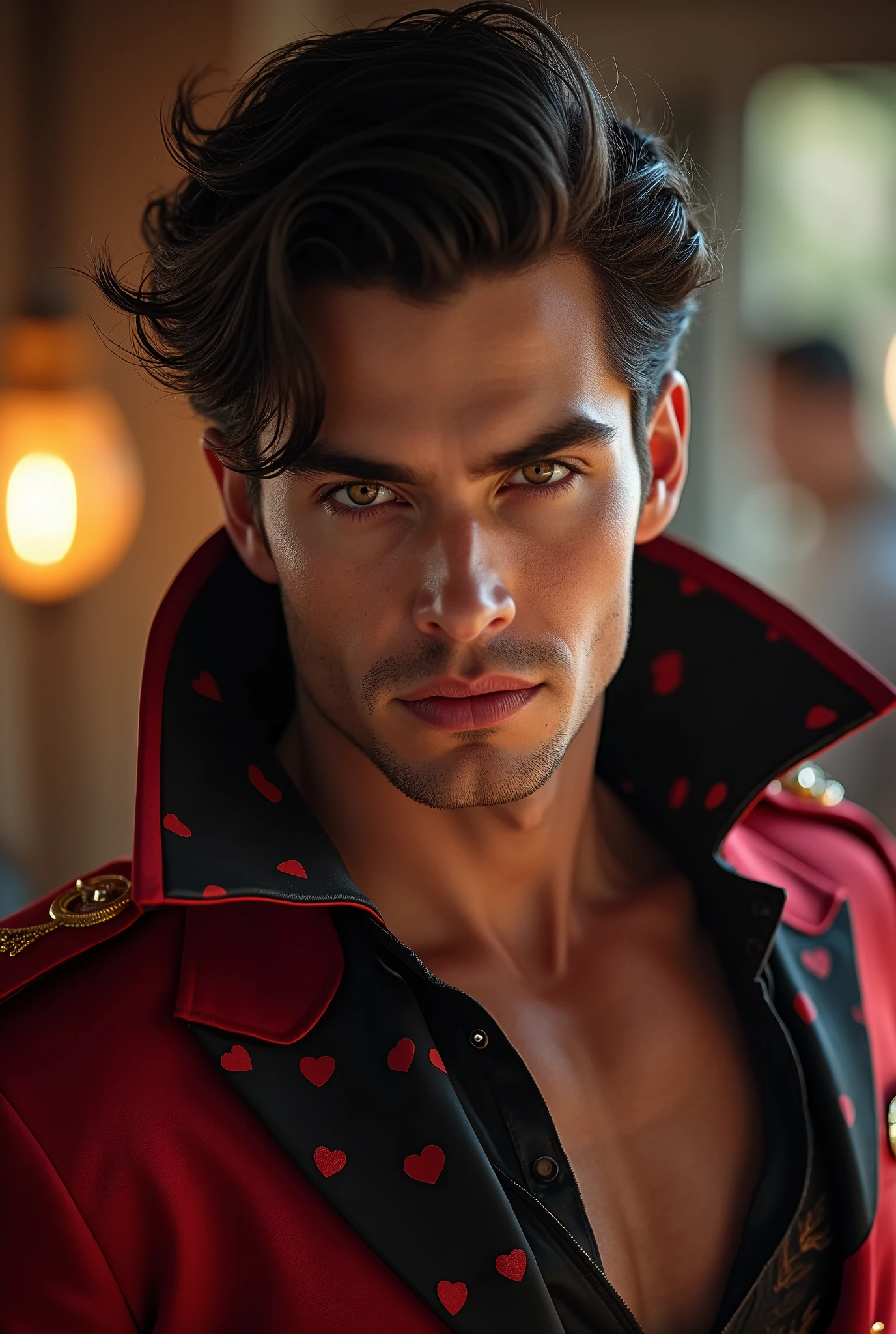 A very attractive and strong man who wears clothes with the theme of the Queen of Hearts from Alice in Wonderland. dark black hair, Vibrant honey-colored eyes, Slightly dark skin and a very flirtatious smile, quite manly.