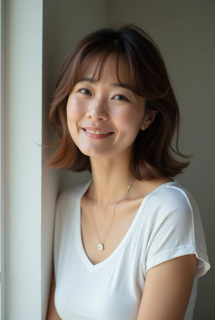 Japanese women、50 years old、Brown Hair、Hairstyle to the shoulders、T-Shirts、Bcup、Embarrassed look