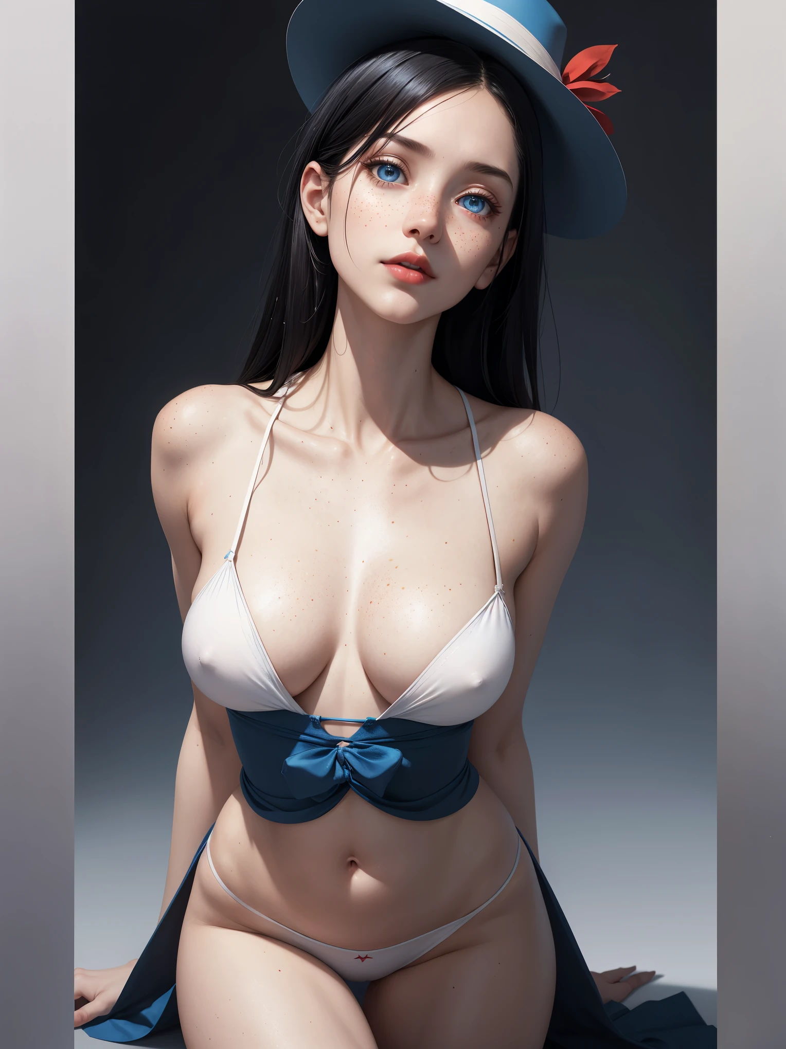 (whole body:1.5),octane rendering,blue gradient background, 8K, best quality, masterpiece, illustration, extremely delicate and beautiful, detailed,extremely detailed,CG,Unite,wallpaper,Astonishing, fine details, realistic art: 1.2 ,masterpiece, best quality, official art, extremely detailed CG Unite 8K wallpaper,1 girl, ,wearing a maid apron and hat,at night, skinny body, seductive facial expression,, wide open eyes, ice blue eyes, medium black hair, trendy hair style, red lipstick, red cheeks ,pretty symetrical face, shiny wet skin, oiled skin, , lots of freckles, pale complexion, thin waist, narrow hips, long legs, skinny body, small breasts, looking up,, Realistic photos, (hiqcgbody) ,perfect female figure