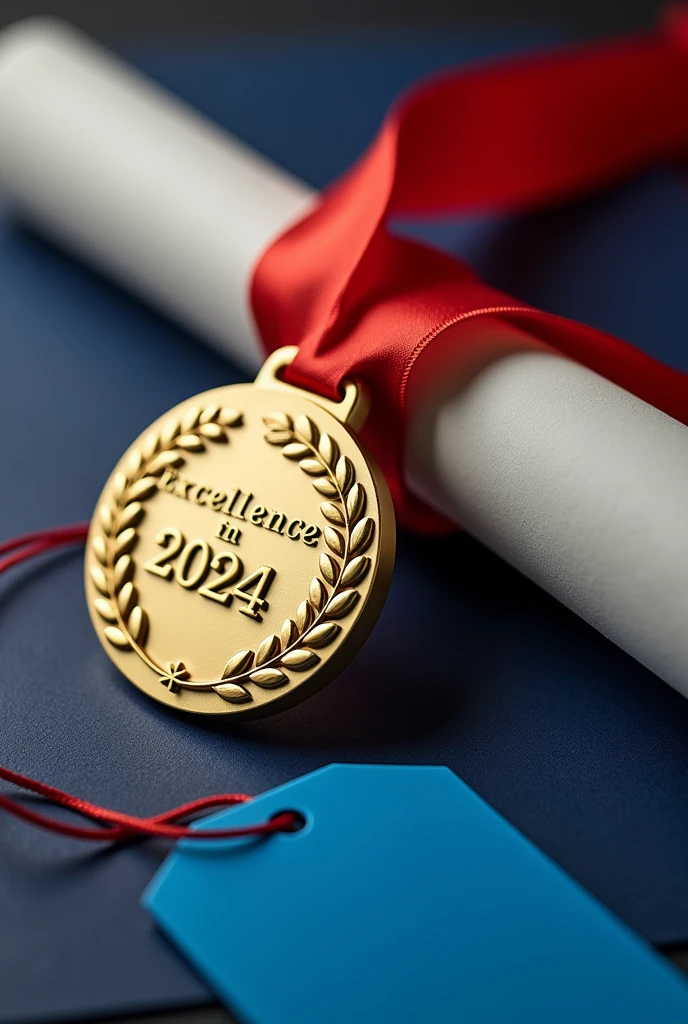 A close up of a post graduate rolled up with a red color ribbon , placed next to a blue color tag with the shining gold medal with the inscription "EXCELLENCE IN EDUCATION"and the year 2024