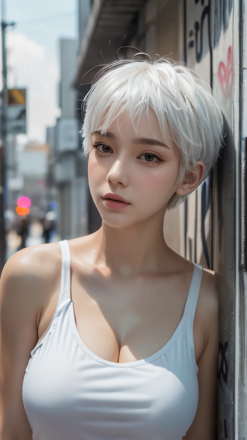 masterpiece, Highest quality, Very detailed, 8k, Realistic, One Girl, alone, Tomboy, Very detailed face, (head shot:1.5), Standing in front of a wall covered in hip hop graffiti, Pixie cut white hair, He is wearing a short tank top,I can see your chest,Nice ass,