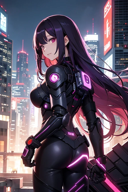 Anime style illustrations、Female Android、Purple long hair、Red Eye、Looking at me with a slight smile、Black and reddish purple body armor、The background is a cyberpunk city、evening、Standing on the roof of a building、There&#39;s a full moon in the sky