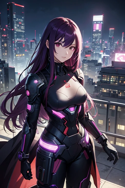 Anime style illustrations、Female Android、Purple long hair、Red Eye、Looking at me with a slight smile、Black and reddish purple body armor、The background is a cyberpunk city、evening、Standing on the roof of a building、There&#39;s a full moon in the sky