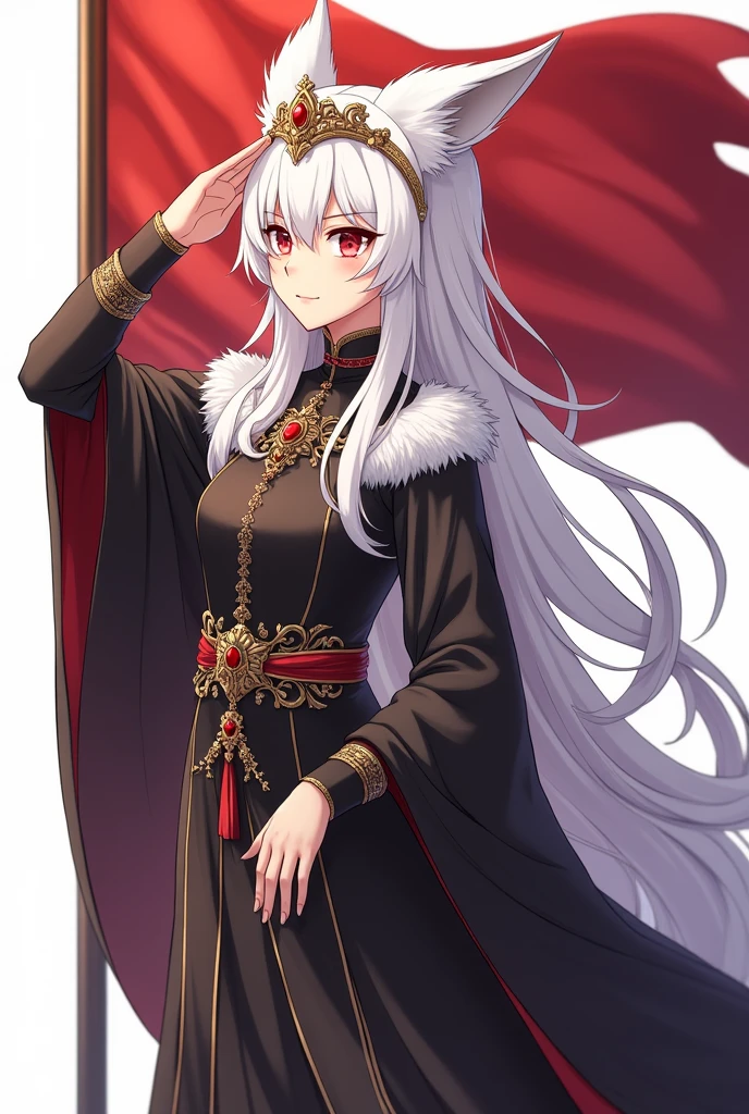 A white-haired woman with ruby red eyes wearing a queen's attire and a crown, saluting the flag of the NineTails Fox race ,anime art, pakaian hitam 