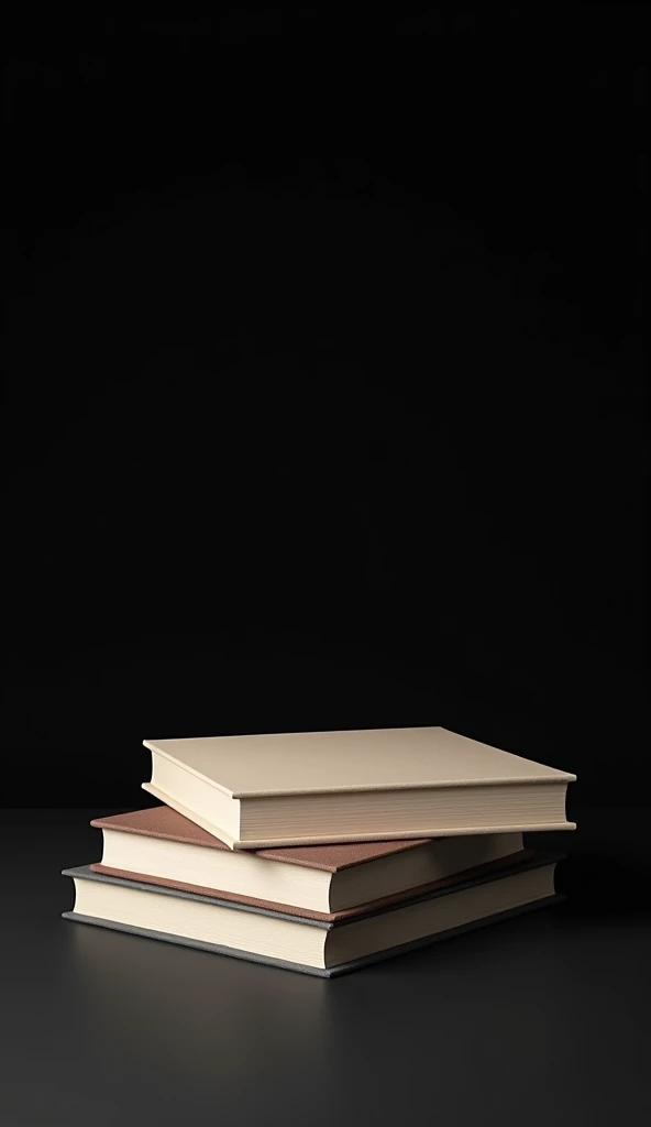 A minimalist stack of three books in neutral tones, like beige, soft brown, and gray, against a black background. Each book is slightly tilted, and the spines are blank, offering a subtle, calming look