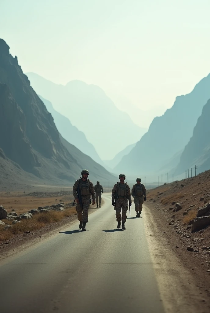 Create a landscape picture, blurry background of rockyhills and pakistan army on the road.