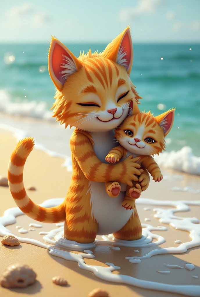 reaching the Sand: humanoid cat emerging from the water, carrying baby cat, both of them dripping wet, but safe, with the beach in the background
