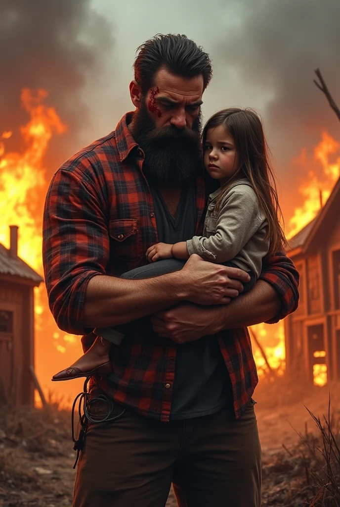 a very tall and muscular lumberjack with a, big beard and a red plaid shirt , blood on lips, he has a sad look, scar on right eye,  he holds his daughter in his arms. Village scenery in flames. 