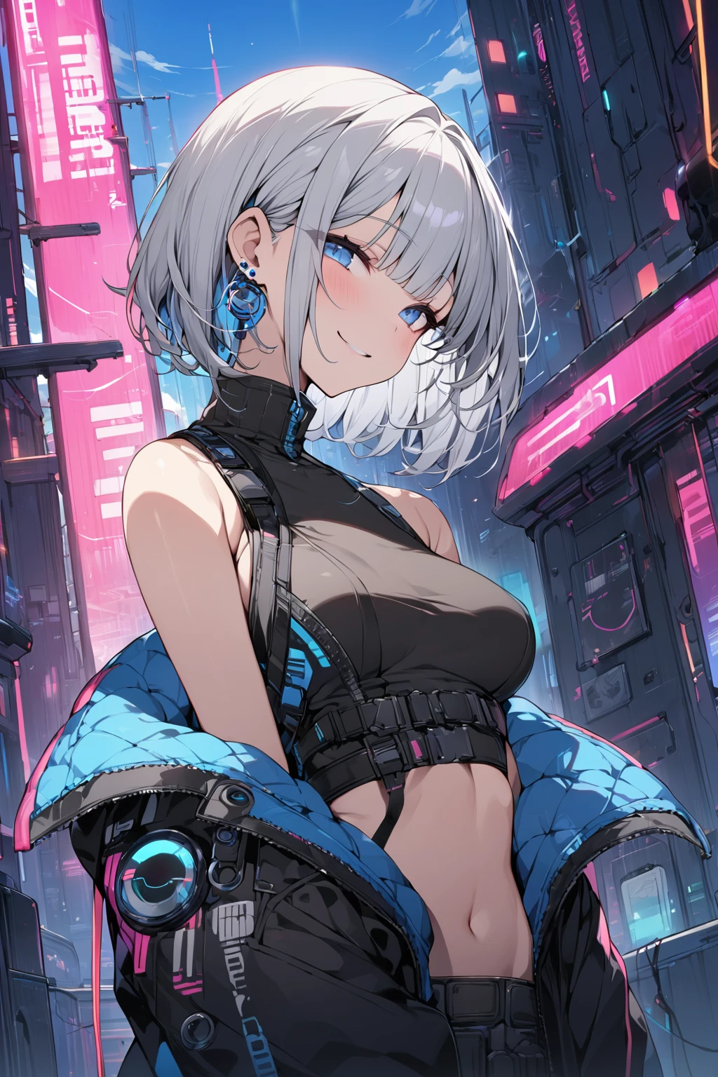 (masterpiece), (((Highest quality)), (Very detailed), 1 person, (Half Blue、Half silver hair: 1.2), bangs, smile, Sky blue eyes, earrings, Highest quality, perfect image quality, cyber punk jacket, sleeveless black shirt, high neck