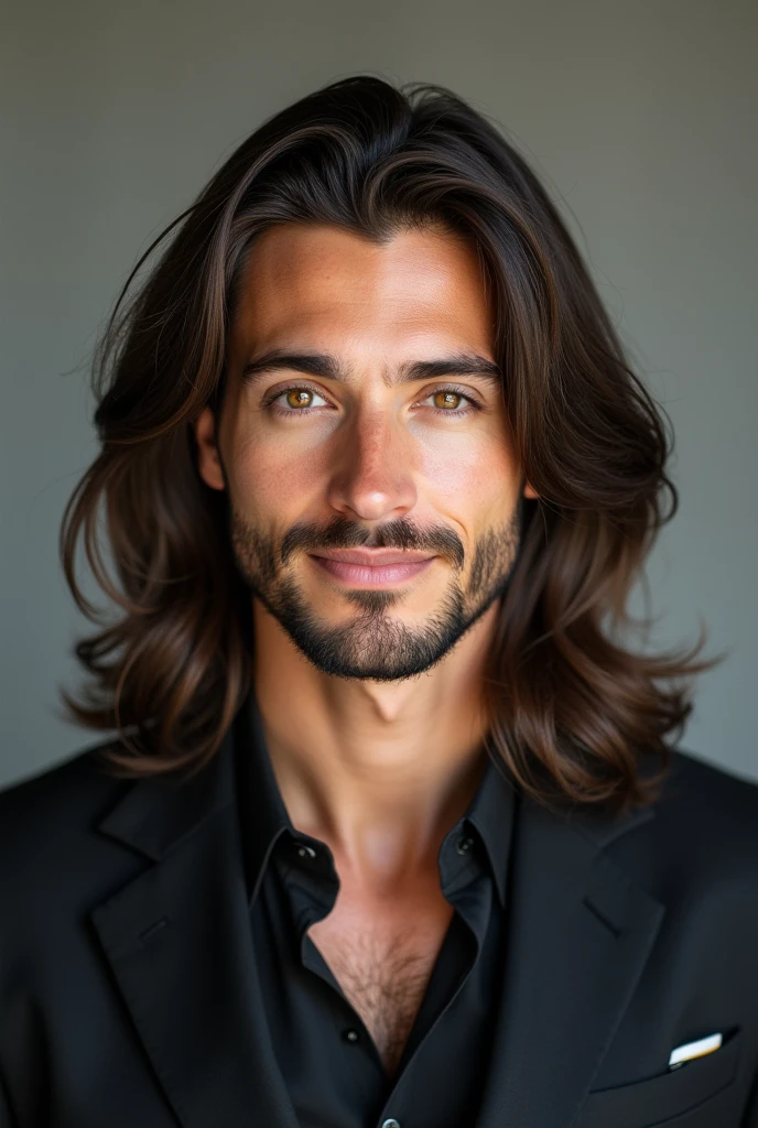 Make me a man with long hair well groomed looking friendly handsome colored eyes triangular face pretty eyes flirtatious professional look