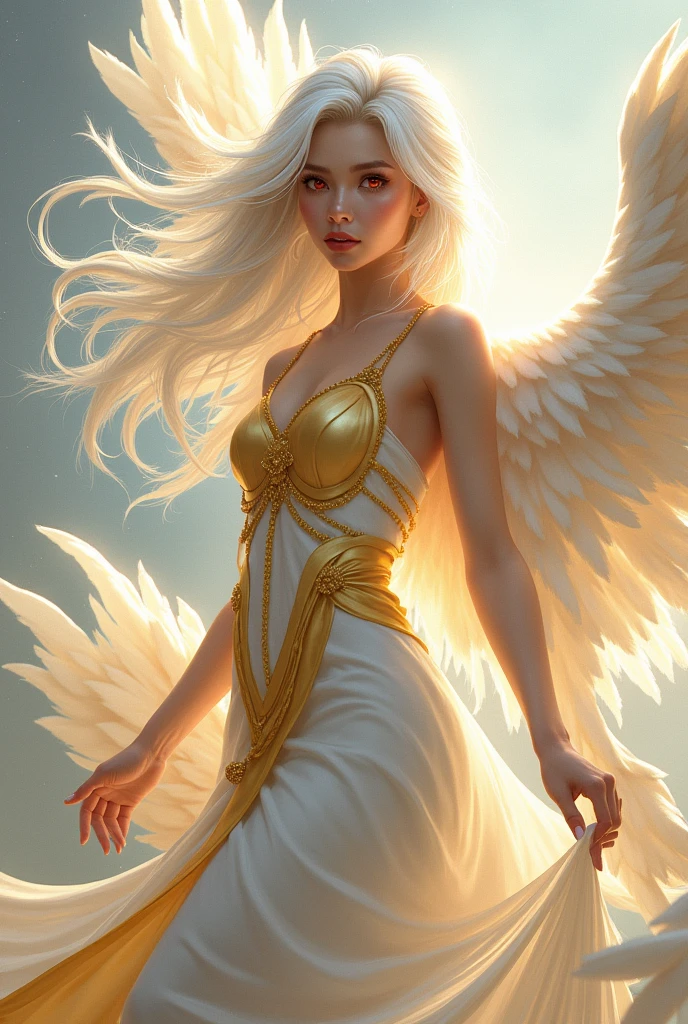 create a woman around 20 years old long white hair red eyes make her in full body korean manhwa style, wearing a golden and white dress on her back a pair of white dragon wings