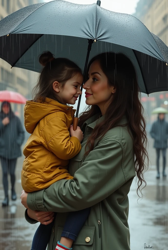 A portrait of a woman with her daughter under ambrela inside rain