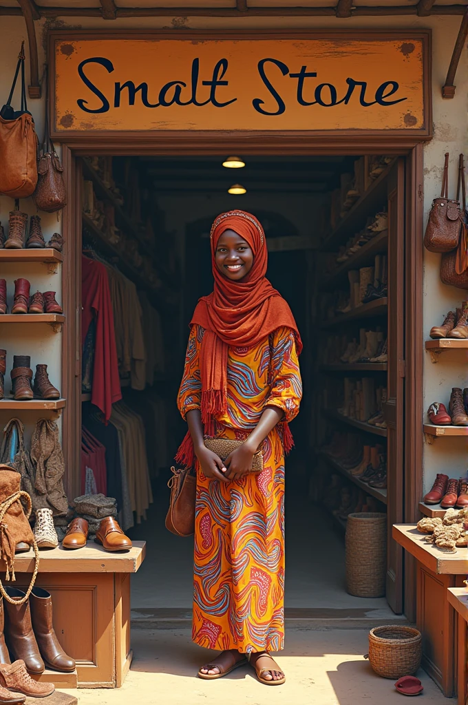 An African woman wearing Hijab selling footwears, clothes and bags in big shop called "Smalt Store" written boldly in the shop 