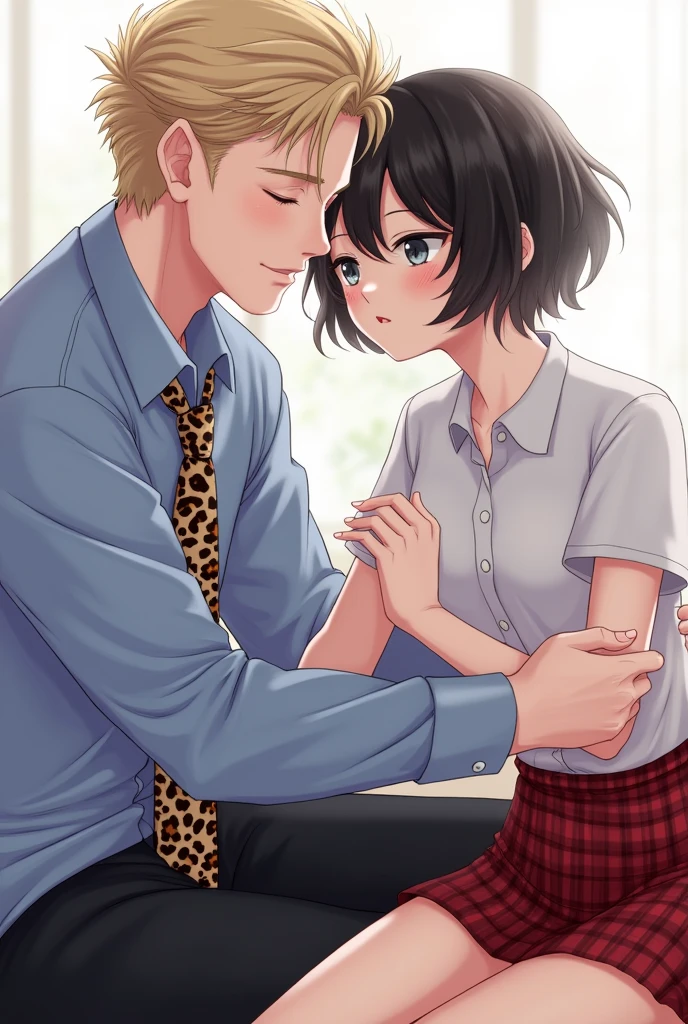 Nanami Kento hugging a girl with short curly black hair and fair skin and dressed in a red plaid skirt and a white shirt. with a nose piercing, eyeliner and blushed cheeks. They both look at each other. Nanami Kento wears his blue shirt and leopard-print tie, Is high, is perfectly combed with his blonde hair, He is an older man, 2
