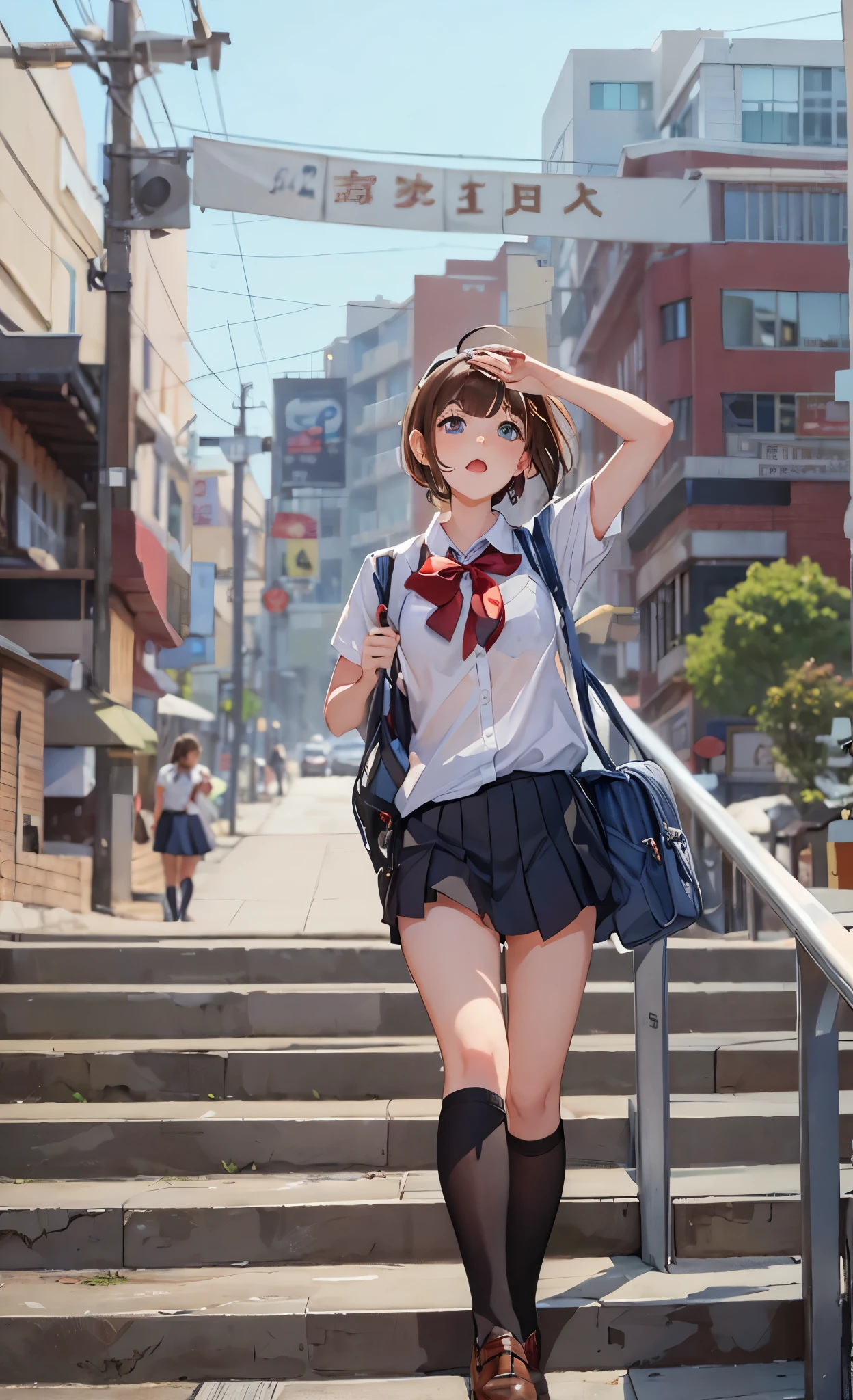short hair, Open your mouth, blue eyes, Multiple Girls, skirt, Brown Hair, shirt, bow, school uniform, white shirt, Short sleeve, pleated skirt, Outdoor, null, shoes, Focus Only, Day, shoes下, Three Girls, bowtie, black skirt, bag, Blurred, red bow, blue null, Knee-high, Brown footwear, Backpack, loafers, red bowtie, walk, school bag, stage, road, Power lines, street, Electric pole, Shading Eye