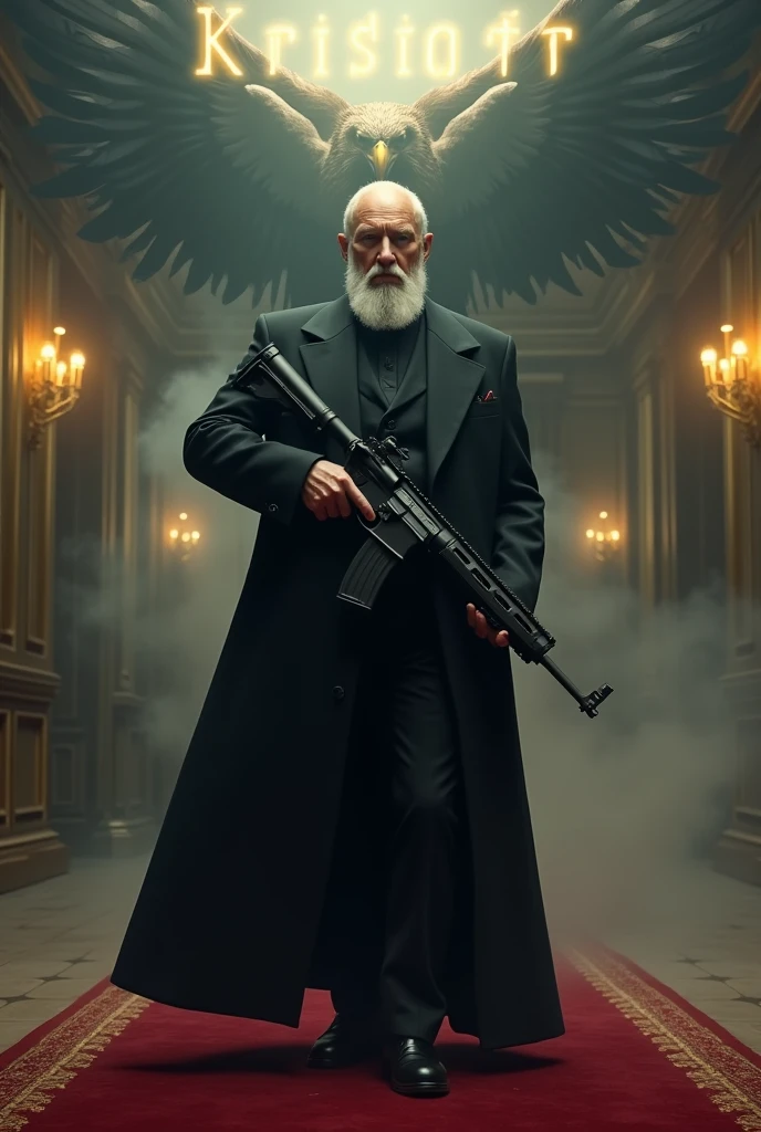 Create a realistic image where a man with white hair and beard wearing black luxury suit and standing on luxury floor with red carpet, he's holding a m416 gun in his hand, there is smoke in background a shadow of eagle and eagle eyes is glowing in yellow colour. In background the name "Kristoff" is showing in bold effects just attached above the chair the head of the character as per his name.