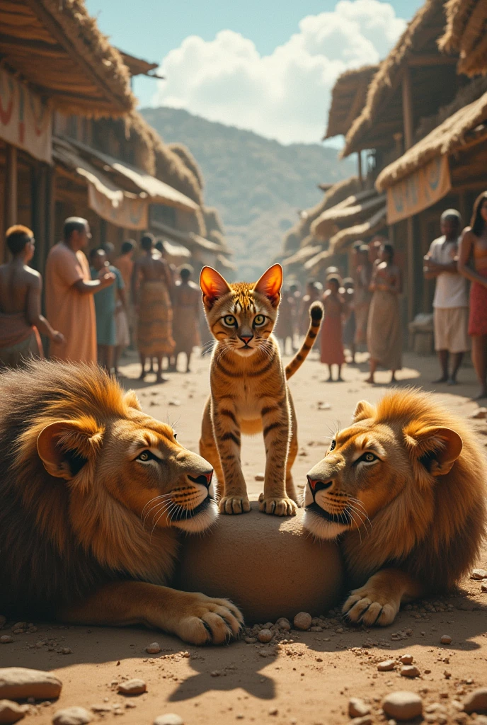 A cat kills two big lions in a village and among people