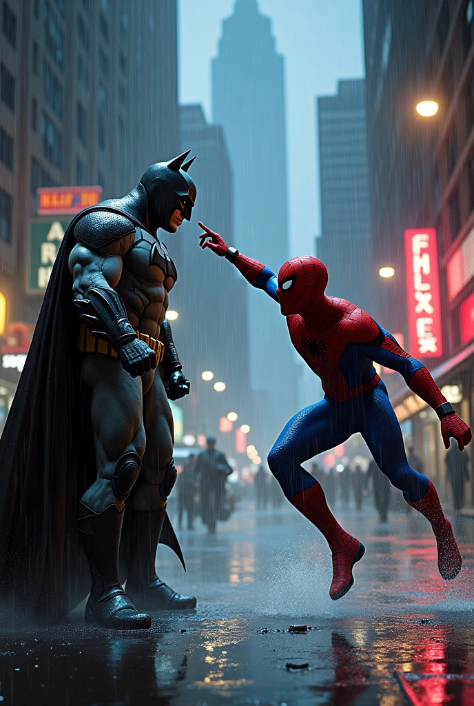 "Create a dynamic and intense scene depicting a dramatic confrontation between Batman and Spider-Man. Set the scene in a dark, rain-soaked Gotham City alley, with towering, shadowy skyscrapers in the background. Batman is in a powerful, aggressive stance, his cape billowing dramatically, with his iconic bat-signal glowing faintly in the mist. Spider-Man is mid-air, swinging from his web, aiming a precise strike at Batman. His suit is illuminated by the city lights, showcasing vibrant reds and blues against the dark backdrop. Include intricate details like rain splashing off their suits, dynamic lighting from neon signs reflecting off puddles, and intense expressions on their faces. The atmosphere should be charged with tension, with dramatic contrasts between the dark shadows of Gotham and the bright, vivid colors of Spider-Man’s suit."
### Instructions for SeaArt AI:
1. **Model Selection:**
- **Heroic Drama Mix**: For capturing dynamic action and intricate character details.
- **LoRA**: Enhance details on costumes, rain effects, and urban textures.
2. **Style and Lighting:**
- **Comic Realism**: Focus on realistic textures with a stylized approach to lighting and color.
- **Dynamic Lighting Effects**: Emphasize rain reflections, neon lights, and the interplay of shadows with ComfyUI to adjust the contrast and brightness.
3. **Image Refinement:**
- Generate multiple images and select the one that best captures the intensity and detail of the confrontation.
- Use the **Canvas** tool to manually adjust elements like the positioning and action of the characters, enhancing the overall composition.
- Apply **Swift AI tools** to sharpen details and improve image resolution.
4. **Color Palette:**
- Dark, moody greys and blacks for the Gotham City background.
- Bright, vibrant reds and blues for Spider-Man’s suit, contrasted with Batman’s dark, muted tones.
5. **Post-Processing:**
- Use the **Advanced Repair** tool to clean up any rough
