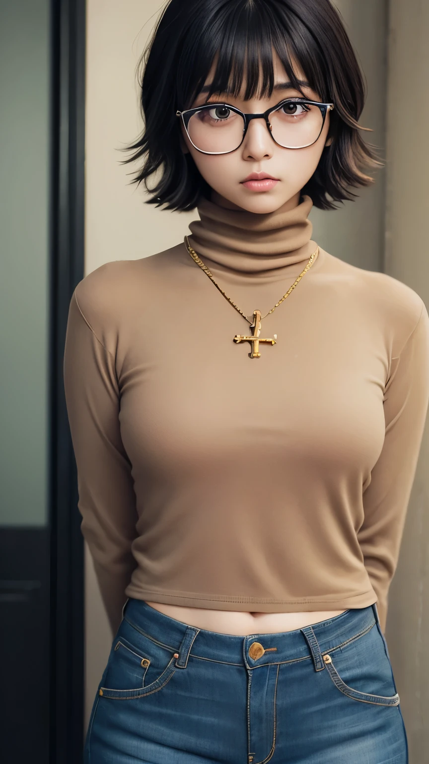 (masterpiece, Highest quality:1.2), Cowboy Shot, alone, One girl, Shizuku Murasaki, Expressionless, View your viewers, Put your arms behind your back, Short layered hair bangs, Brown eyes, large square glasses, Black turtleneck, , jeans, Exposed abdomen, Cross Necklace