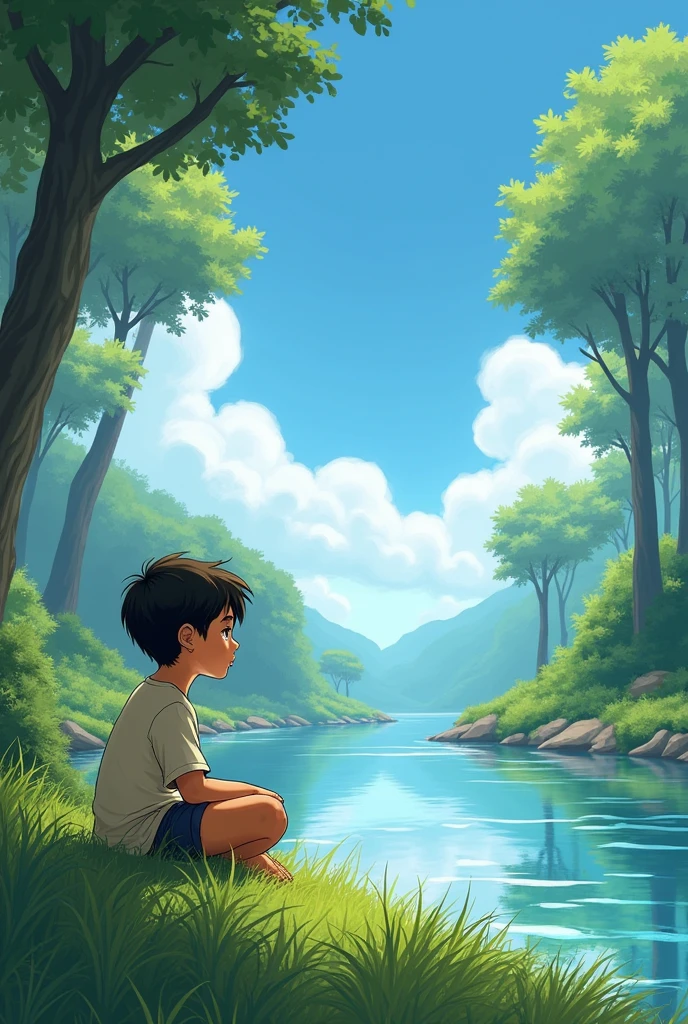 An 1 boy is sitting on the river bank
