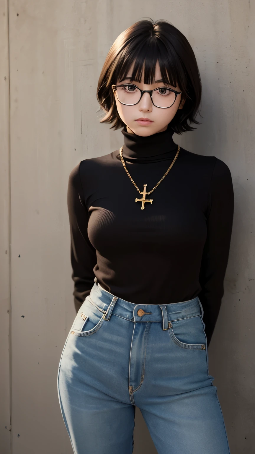 (masterpiece, Highest quality:1.2), Cowboy Shot, alone, One girl, Shizuku Murasaki, Expressionless, View your viewers, Put your arms behind your back, Short layered hair bangs, Brown eyes, large square glasses, Black turtleneck, , jeans, Exposed abdomen, Cross Necklace