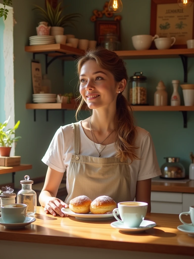 Un petit café avec une vitrine pleine de pâtisseries. Sarah est derrière le comptoir, souriante, servant ses premiers clients avec fierté détails(Humaines et qualité UHD8k