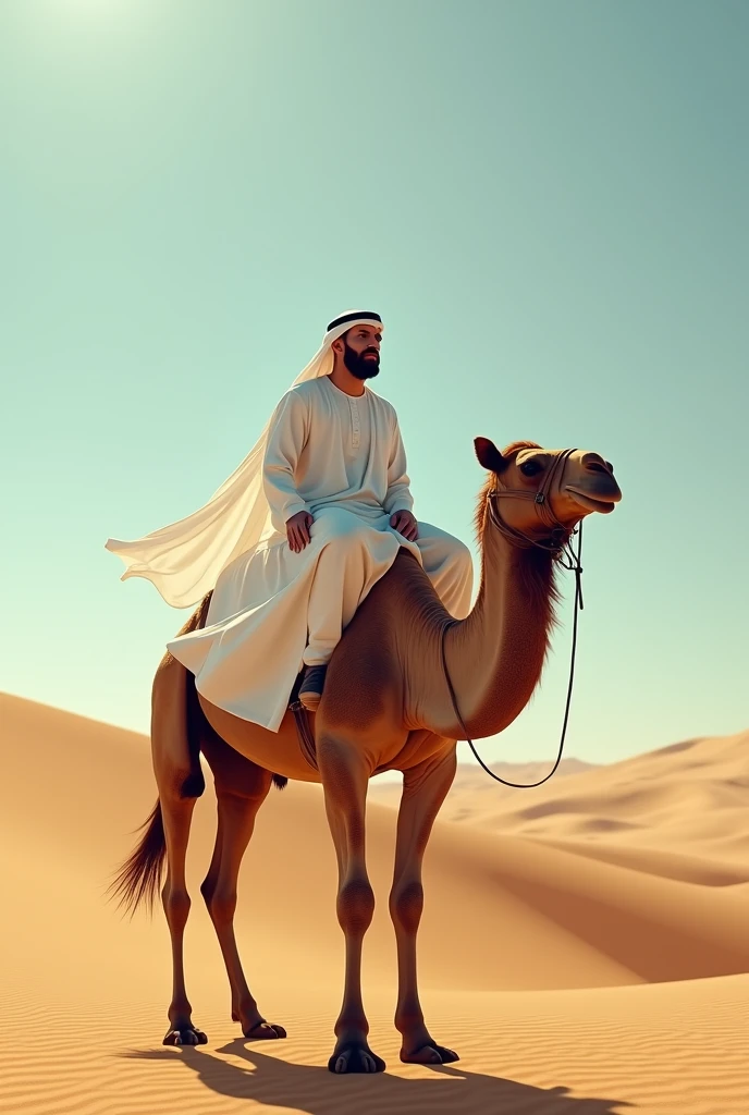 Messi is sitting up a camel in a desert wearing white dress like a Arabic 