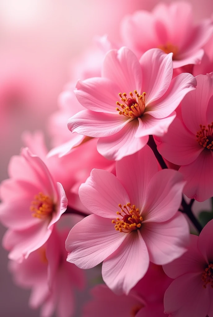 Create a high-resolution image of beautiful pink flowers, representing the color. The composition should be aesthetically pleasing, with a focus on capturing the vibrant pink hue. The image should be designed with a professional approach to color use and proportion, 8 K, --ar9:16--