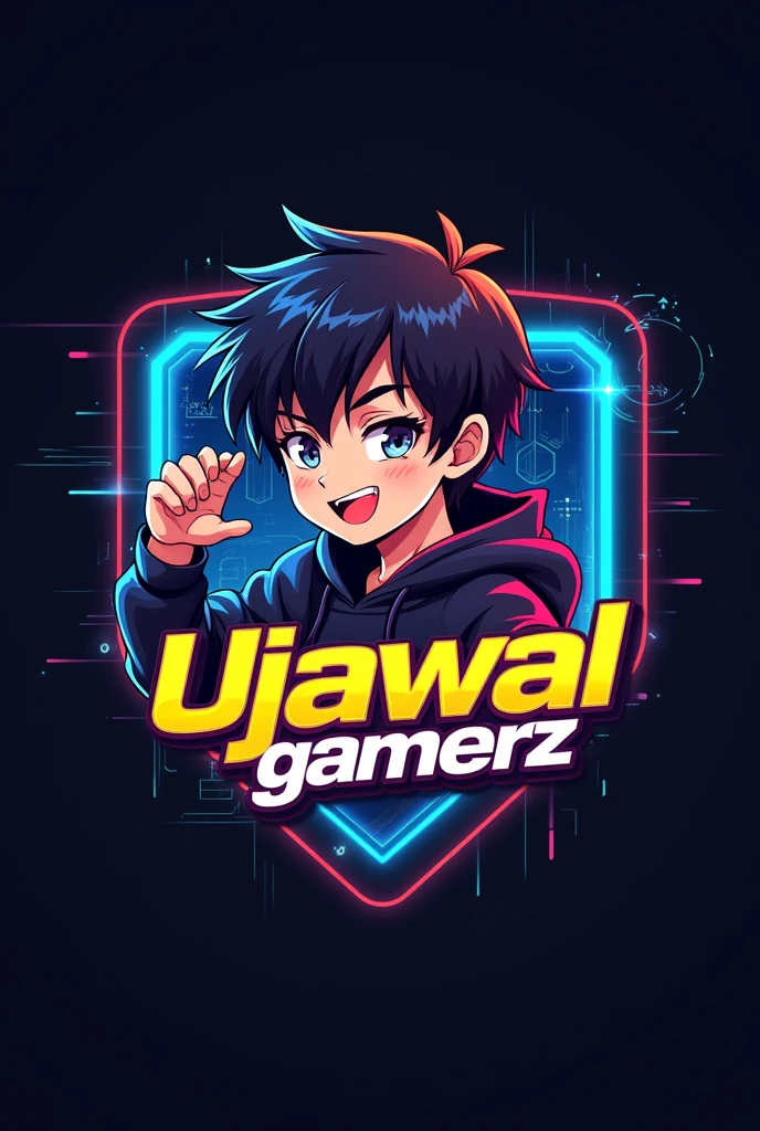 This is a gaming logo that features the name "UJJAWAL GAMERZ " in a futuristic font and a neon golden color. and Anime Boy avtar.