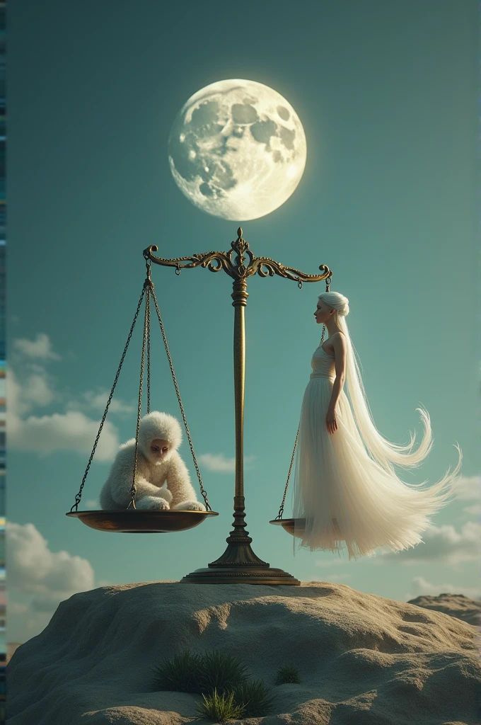 On one side of the scales is the moon and on the other side is music. The level of the music has gone down due to the heavy music