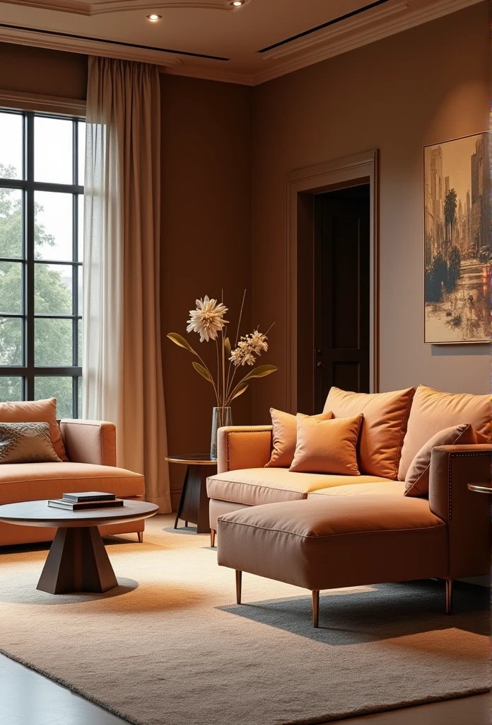 modern furniture. luxurious. warm tones.