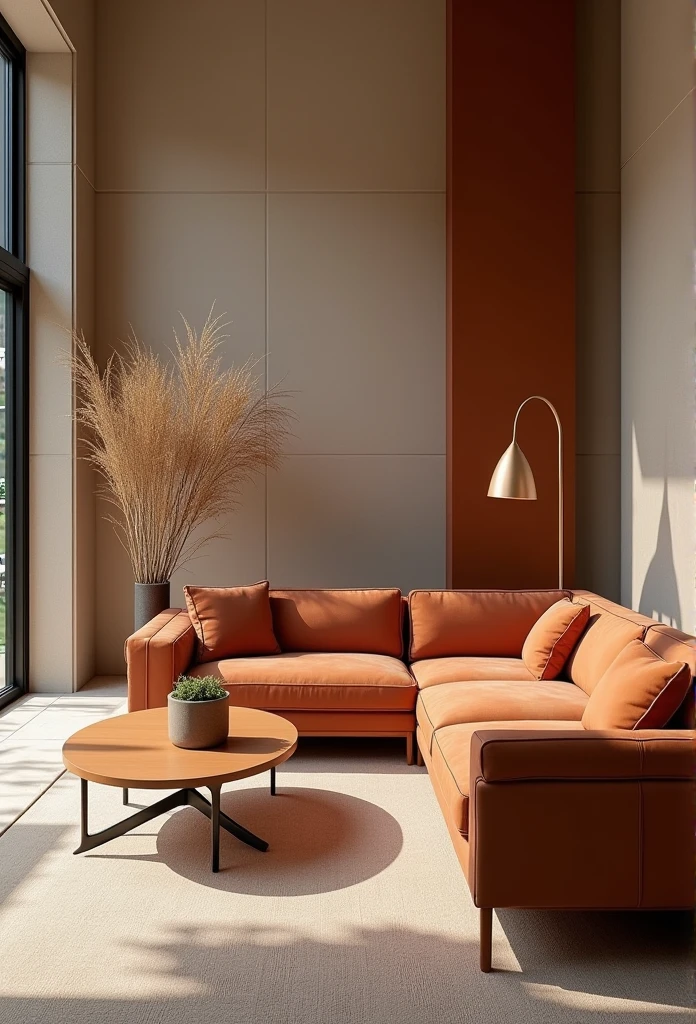 modern furniture. luxurious. warm tones.