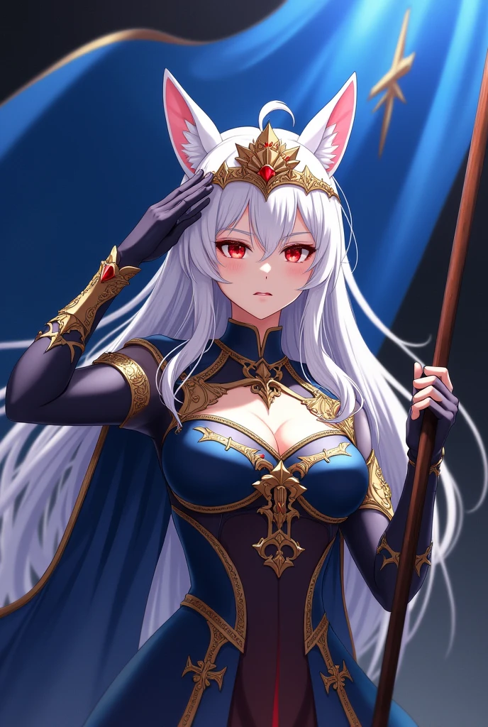 A white-haired woman with ruby red eyes wearing a queen's attire and a crown, saluting the flag of the NineTails Fox race ,animE art,,Black clothes ,The color of the flag is blue
