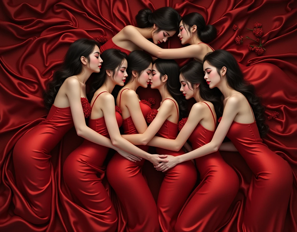 highest quality, masterpiece, highest resolution, artwork, super それにget used to it, many get used to it, get used to it, それにget used to it,((top view angle shows full entire crimson satin silk fabric)),love,romantic, six women, two woman kiss and four women surrounded them,two women and with jewellry hug kissing each of their partners lying down on the floor,two women surrounded by four women in luxurious crimson satin dresses,((crimson satin elegant comfy dresses with a large and long skirt surrounding and covering the floor like a satin blanket)), crimson comfy satin evening dresses rose flowers on dress decoration,((Gorgeous goddess rococo robe satin dress with voluminous full-length hoop skirt)), crimson long sleeve with gloves,long train skirt comfy dresses,A comfy dress with full satin fabric...,luxury shiny satin fabric,((Palace full luxurious extend side crimson shiny satin fabric flooding on the floor)),the floor covered by extend stretched flares train skirt dresses fabric,((extend side of crimson satin fabric)),Frilled velvet crimson fabric,many rose flowers on the floor, many rose flowers decoration on the dresses,((six women and hug kissed each other while lying wrapped in crimson satin dresses skirt on the floor)),luxurious shiny satin skirt fabric