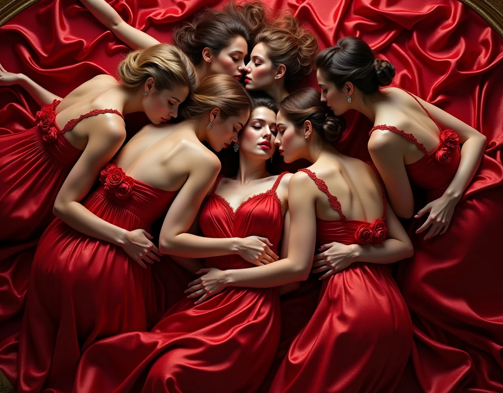 highest quality, masterpiece, highest resolution, artwork, super それにget used to it, many get used to it, get used to it, それにget used to it,((top view angle shows full entire crimson satin silk fabric)),love,romantic, six women, two woman kiss and four women surrounded them,two women and with jewellry hug kissing each of their partners lying down on the floor,two women surrounded by four women in luxurious crimson satin dresses,((crimson satin elegant comfy dresses with a large and long skirt surrounding and covering the floor like a satin blanket)), crimson comfy satin evening dresses rose flowers on dress decoration,((Gorgeous goddess rococo robe satin dress with voluminous full-length hoop skirt)), crimson long sleeve with gloves,long train skirt comfy dresses,A comfy dress with full satin fabric...,luxury shiny satin fabric,((Palace full luxurious extend side crimson shiny satin fabric flooding on the floor)),the floor covered by extend stretched flares train skirt dresses fabric,((extend side of crimson satin fabric)),Frilled velvet crimson fabric,many rose flowers on the floor, many rose flowers decoration on the dresses,((six women and hug kissed each other while lying wrapped in crimson satin dresses skirt on the floor)),luxurious shiny satin skirt fabric