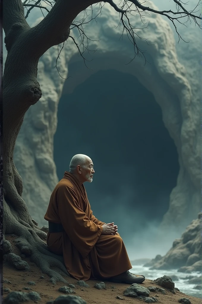 Imagine this is a scene from a movie. An old Chinese monk in a bark-colored robe meditates under a dry tree in front of a black cave. The image is dark, misty, oil painting, 3D painting, the art of Professor Chalermchai.