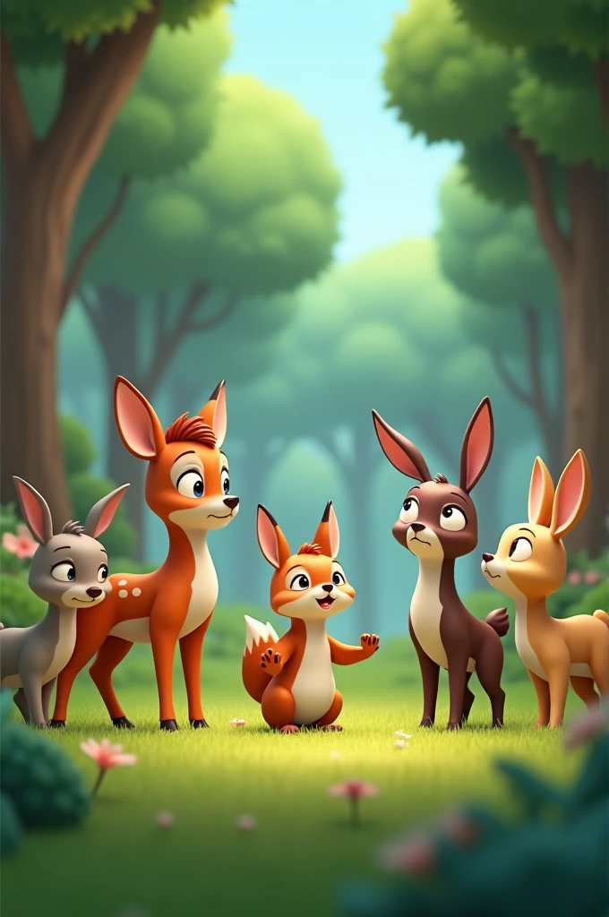 Description: The scene shifts to various forest animals whispering to each other, nodding towards Fauzi.
Action: Animals like deer, rabbits, and birds exchange worried glances, signaling that Fox is famous for her tricks and cunning nature. 3D cartoon