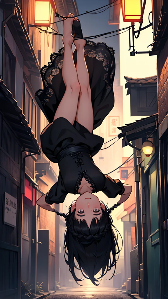 Realistic and detailed image of a beautiful Asian ghost girl with braided black hair, hanging down, wearing a black lace dress, her body is semi-transparent and the background is visible, on a street in an alley, a village, at night with dim lights.
