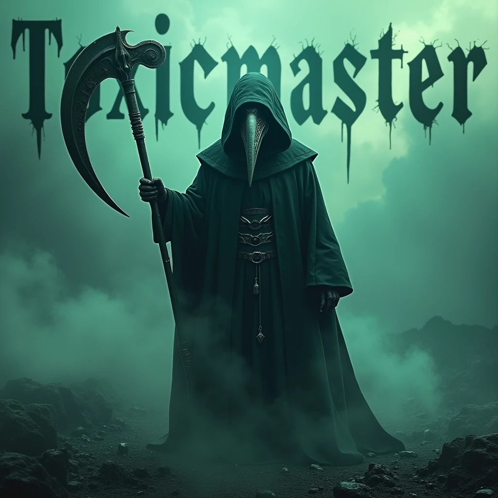 A realistic, ultra-detailed photograph of a plague doctor, an intimidating mask. Determinedly seizing a weapon similar to a scythe, devastated land, clouds of green poison, blue smoke. The name “ToxicMasteR” is prominently displayed in horrors letters behind him.